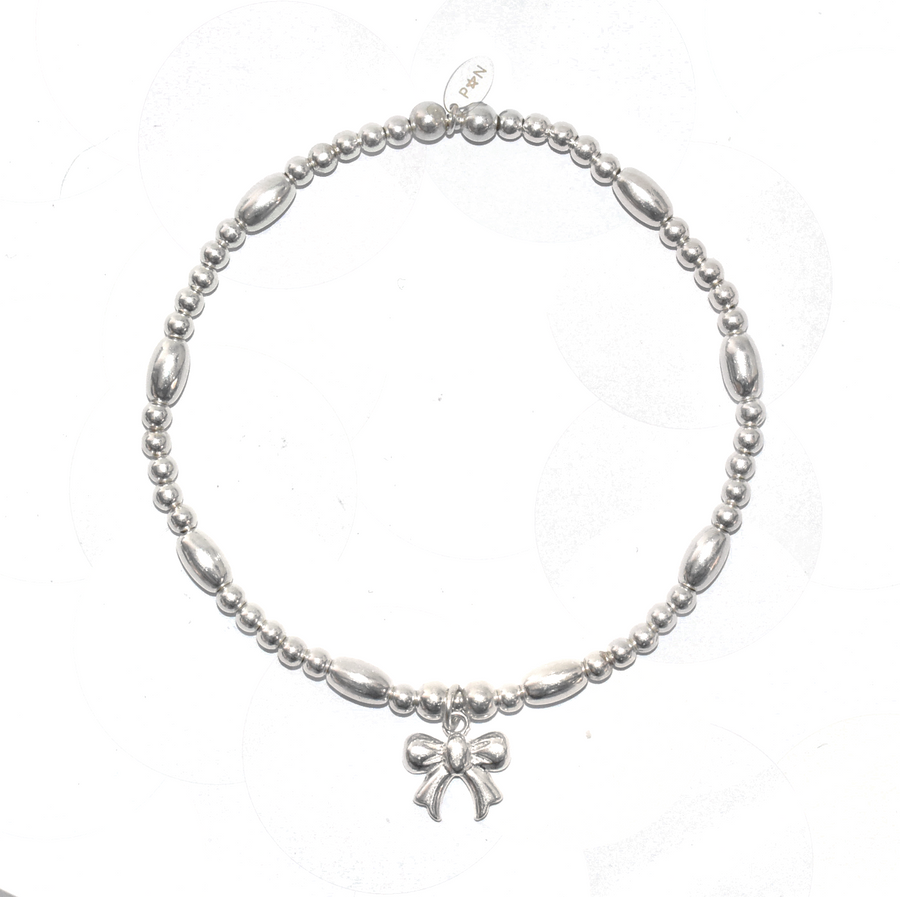 Silver Bow Charm Bead Bracelet
