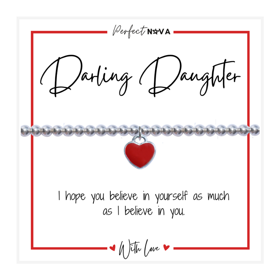 Darling Daughter Silver Beaded Red Heart Bracelet Gift