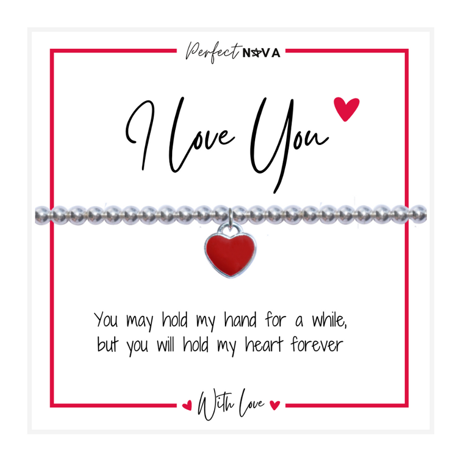 I Love You Bracelet Red Heart Charm Silver Beaded Gift
