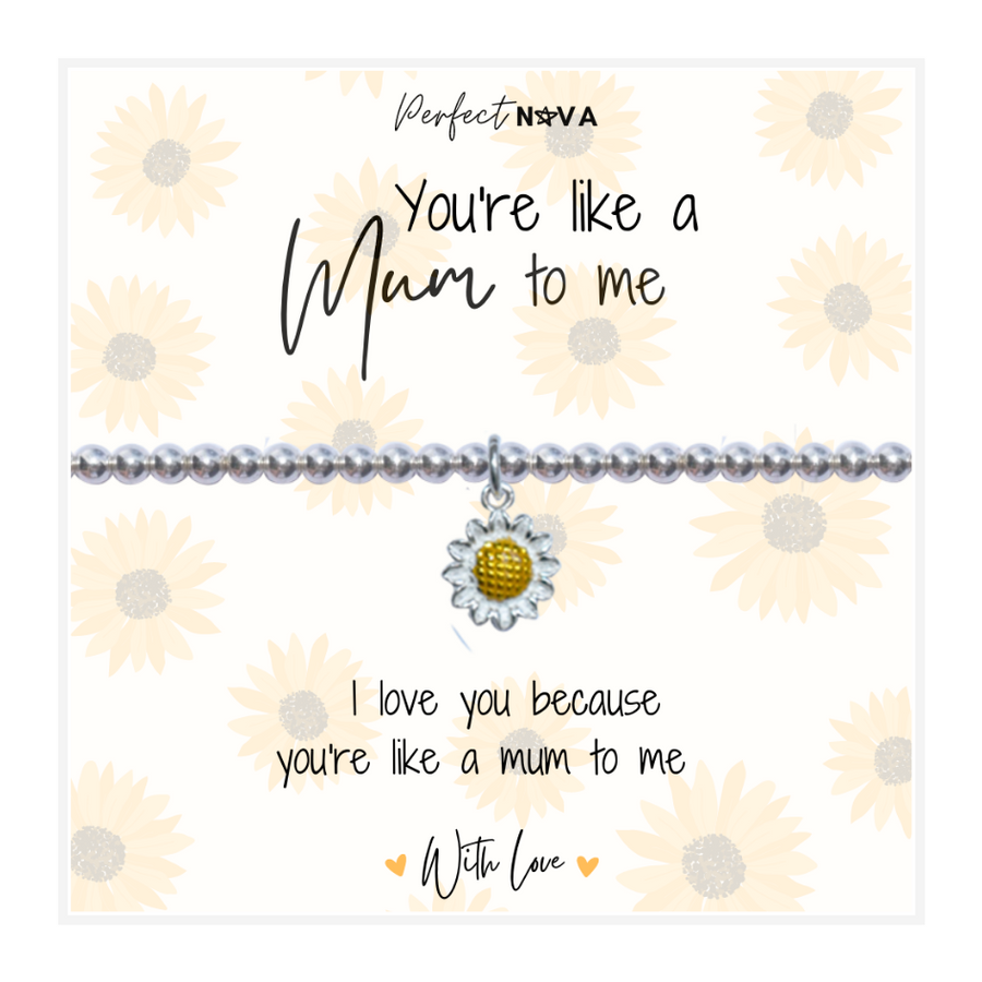 Like a Mum to Me Charm Bracelet Sunflower Silver Beaded