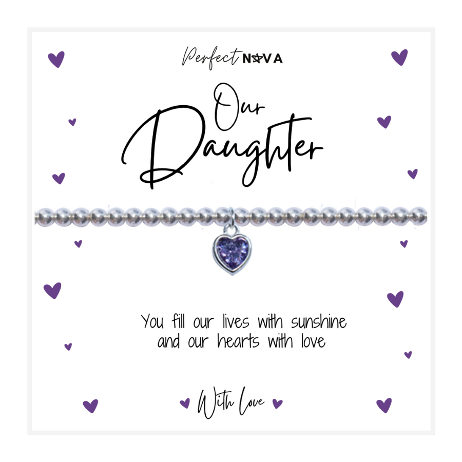 Our Daughter Purple Heart Bracelet CZ Charm Silver Gift
